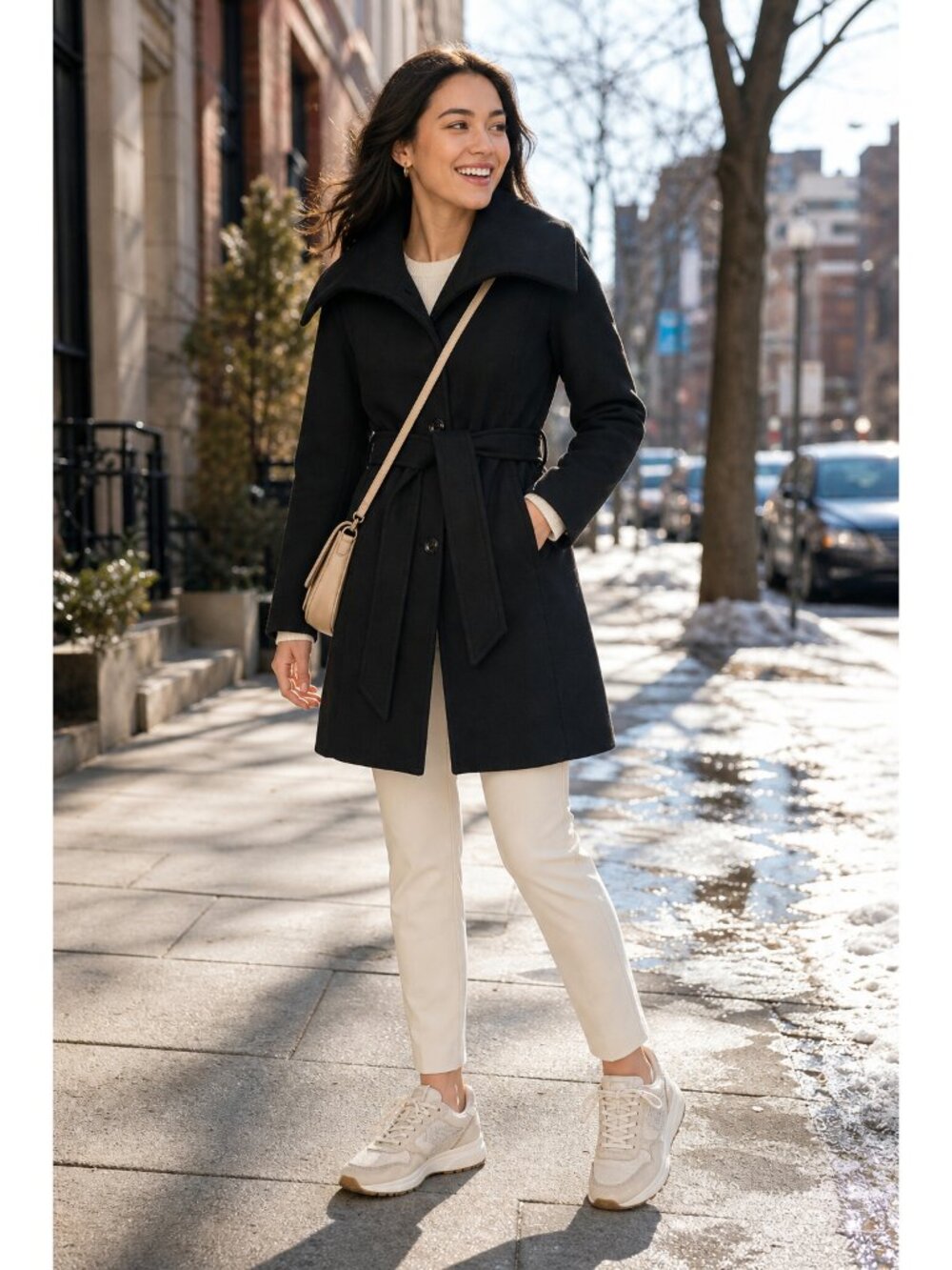 Laundry by Design Belted Stretch Neoprene Wing Collar Coat Jacket Chic Classic M